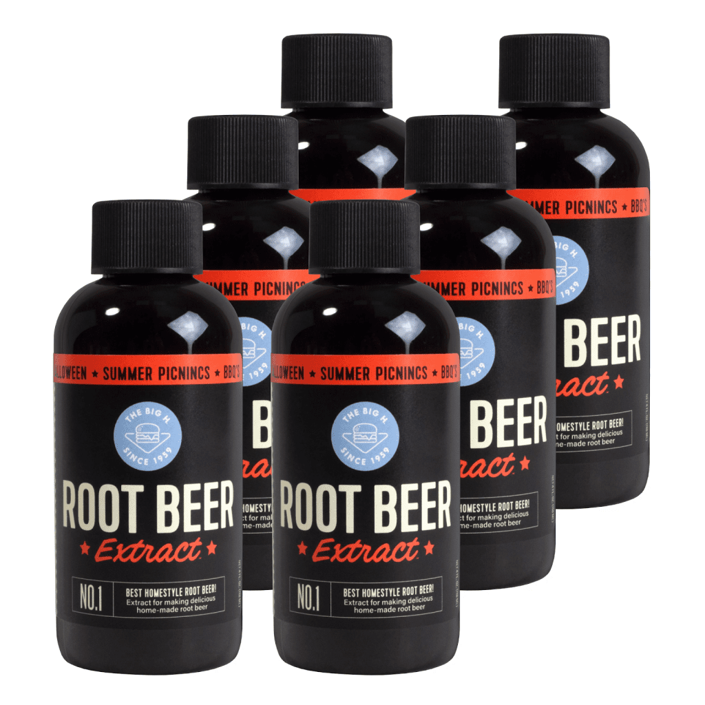 six glass bottles of root beer extract